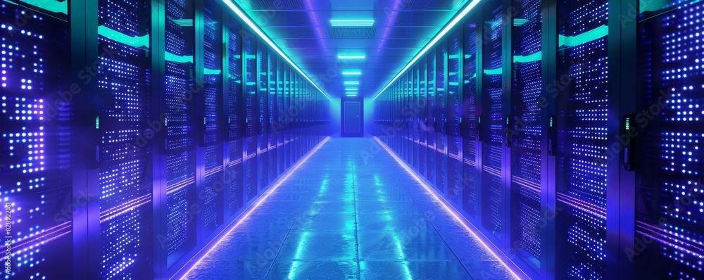 High-tech server room with blue and green LEDs, showcasing advanced data encryption technology. High-tech server room with blue and green LEDs, showcasing advanced data encryption technology.