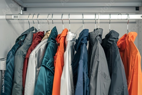 Neatly organized clothes on hangers after professional indoor dry-cleaning service