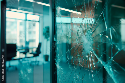Shattered glass in modern office building, closeup, vandalism or accident concept. Clear panoramic window . Perfect for security alerts, incident documentation, and maintenance records,