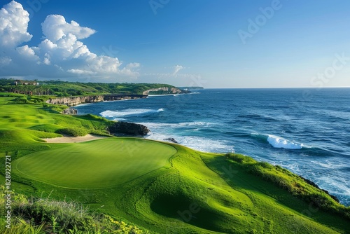 Serene oceanfront golf course with lush green grass and calm blue sea, waves softly breaking along the shore.