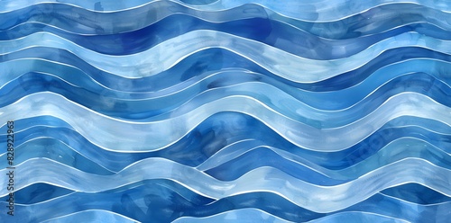 Serene watercolor waves in shades of blue and white, a meticulously hand-drawn illustration perfect for background designs or banners on a tourist, marine, summer theme
