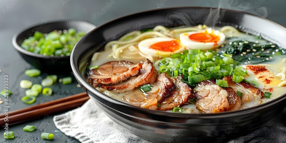 Creamy Japanese Noodle Soup with Sliced Pork, Egg, and Green Onions. Concept Japanese Cuisine, Noodle Soup, Sliced Pork, Egg, Green Onions, Creamy Broth Creamy Japanese Noodle Soup with Sliced Pork, Egg, and Green Onions. Concept Japanese Cuisine, Noodle Soup, Sliced Pork, Egg, Green Onions, Creamy Broth