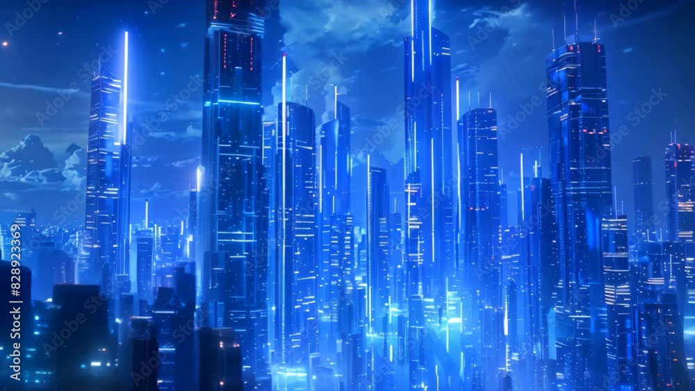 A view of a modern city with blue lights illuminating the high-rise buildings at night, A futuristic cityscape with sleek blue buildings and neon lights against a dark blue background A view of a modern city with blue lights illuminating the high-rise buildings at night, A futuristic cityscape with sleek blue buildings and neon lights against a dark blue background