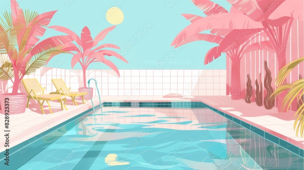Fototapeta premium illustration summer background in pink and blue colors, swimming pool with palm trees in the hote