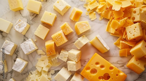 A delicious array of cheese cubes, slices, and shreds, inviting culinary delight focus on, cheese platter, whimsical, composite against a marble counter backdrop