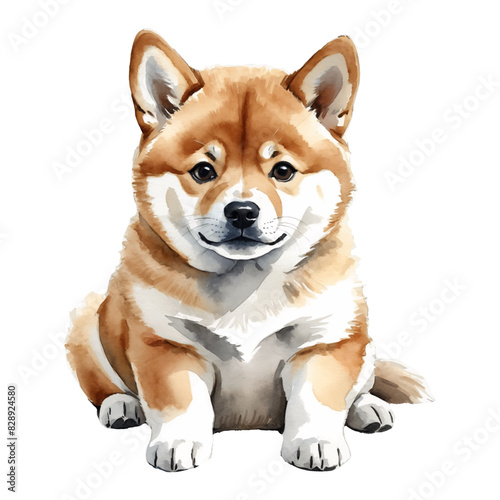 Japanese Shiba Inu Dog Puppy Hand Drawn Watercolor Painting Illustration