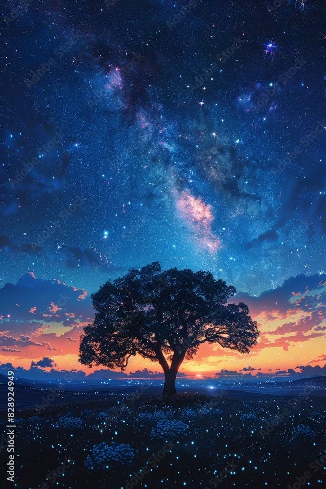 In the dreamy night, a tree silhouette dances against a starry sky, a vivid fantasy landscape. In the dreamy night, a tree silhouette dances against a starry sky, a vivid fantasy landscape.