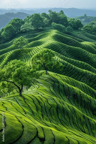 Highland terraces curve gracefully  lush scenery in Asian countryside  a cultural landmark.