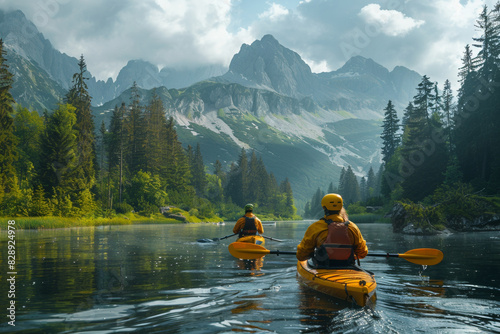 Men leisurely rowing a canoe on a calm river amidst scenic mountains and forests, embracing the serene day.
