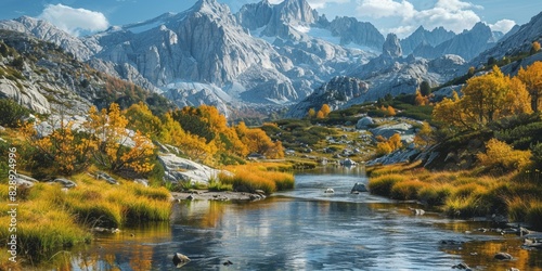 Idyllic autumn scenery with majestic snowy peaks, a tranquil stream, and a picturesque alpine lake.