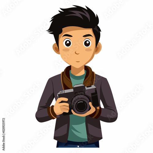 a high-resolution vector silhouette image of a realistic young photographer in a standing pose, holding a DSLR Camera