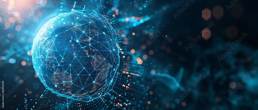 Fototapeta premium Modern Technology Concept: 3D Rendering, Computer monitor with abstract creative digital world map, globalization concept.