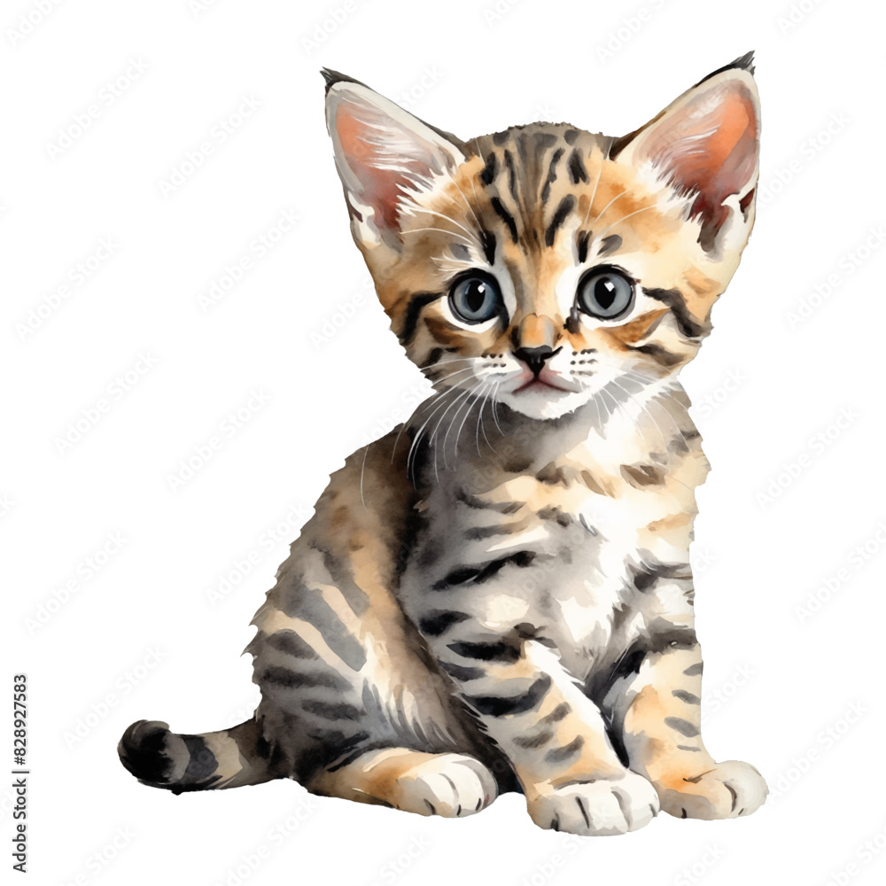 Obraz premium Savannah Cat Kitten Sitting Hand Drawn Watercolor Painting Illustration
