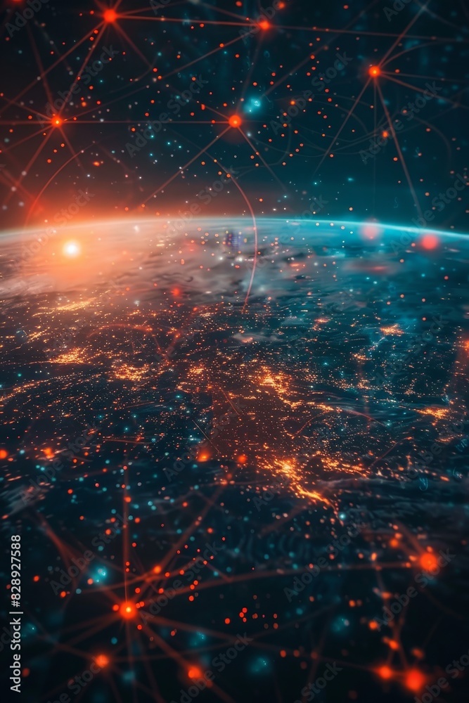 Fototapeta premium Modern Technology Concept: Global world network and telecommunication on earth cryptocurrency and blockchain, Communication technology for internet business.