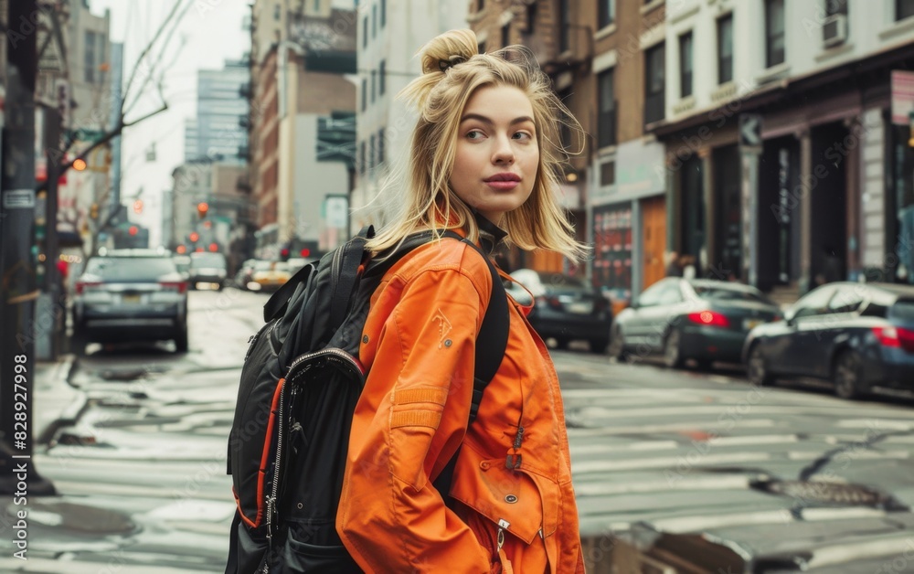 A blonde woman in an orange jacket is standing on a city street A blonde woman in an orange jacket is standing on a city street