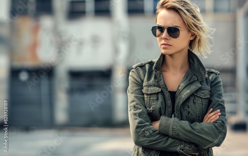 A blonde woman wearing sunglasses crosses her arms while sporting a green jacket © imagineRbc