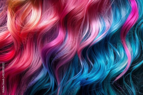 A vibrant and glossy mane of hair dyed in a gradient of colors styled in loose waves to showcase the hair health and vibrancy