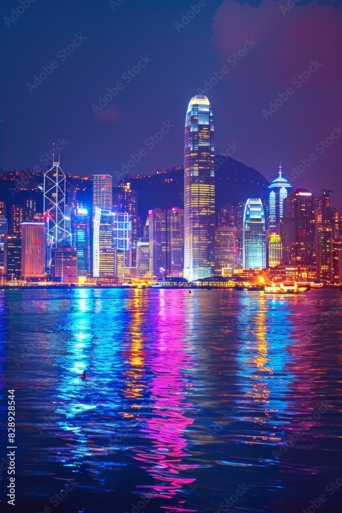 Fototapeta premium A bustling city harbor at night, panoramic view with illuminated skyscrapers, colorful reflections on the water