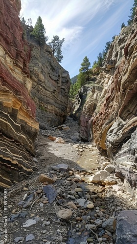 A canyon carved by a river over millennia, layers of colorful rock exposed