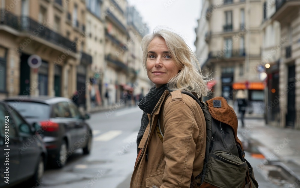 Fototapeta premium A blonde woman with a backpack is walking down a street in Paris