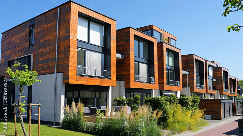 Street of modular houses and trees nearby, sales concept Street of modular houses and trees nearby, sales concept