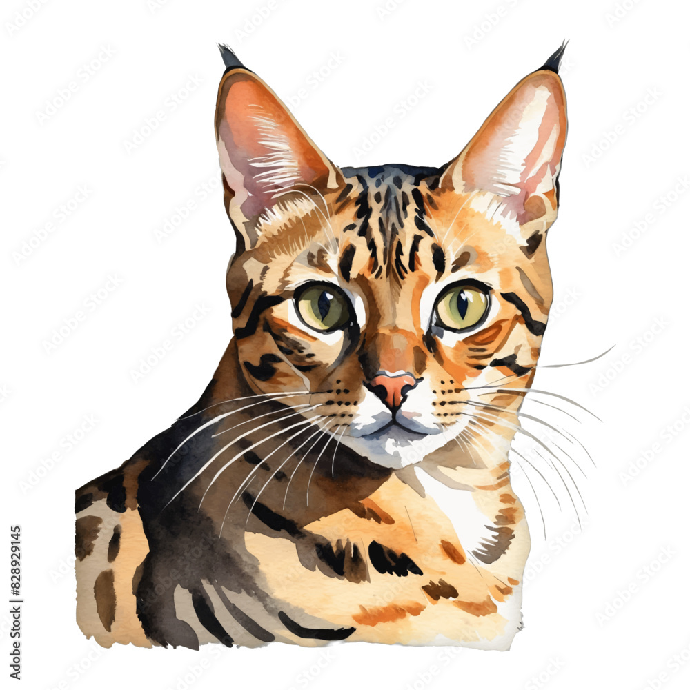 Bengal Cat Portrait Hand Drawn Watercolor Painting Illustration