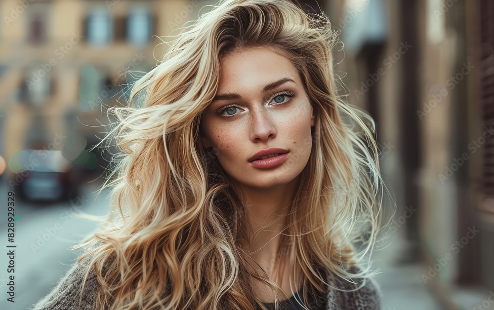 A blonde woman with long hair stands confidently in front of a building, showcasing her elegance and beauty A blonde woman with long hair stands confidently in front of a building, showcasing her elegance and beauty