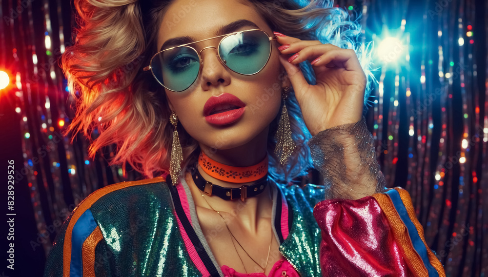 Obraz premium Photo of a girl in a bright festive costume with sparkles against the backdrop of a lively party with blurry lights.