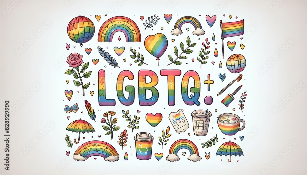 Doodle style LGBTQ+ themed art with colorful elements - This playful illustration showcases a doodle style with LGBTQ+ symbols like rainbows and pride flags amidst whimsical elements