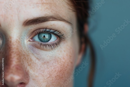A detailed view of a woman face with one eye covered by an occluder during a vision test highlighting her anticipation photo