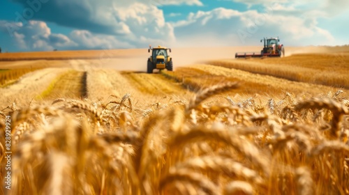 Tractor harvesting wheat on field. photo