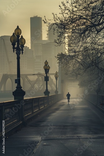 A lone runner crossing a grand bridge at sunrise, city skyline shrouded in morning mist