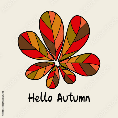Minimalistic autumn postcard with leaves, abstract shapes in a flat style. Poster template, greeting card of autumn mood.