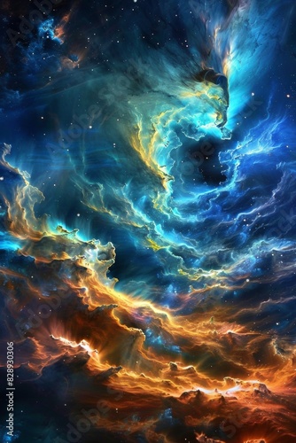A nebula resembling a celestial ocean with swirling waves and hidden bioluminescent creatures © ktianngoen0128