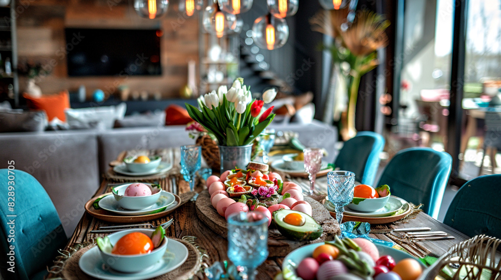 Fototapeta premium una sala de estar decorada en Pascua, huevos coloridos, lujosa, opulenta, una mesa moderna, mucha comida y deliciosas cenas y postres.