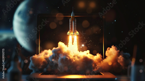 Lanzamiento de cohete espacial desde la pantalla de una computadora portátil photo