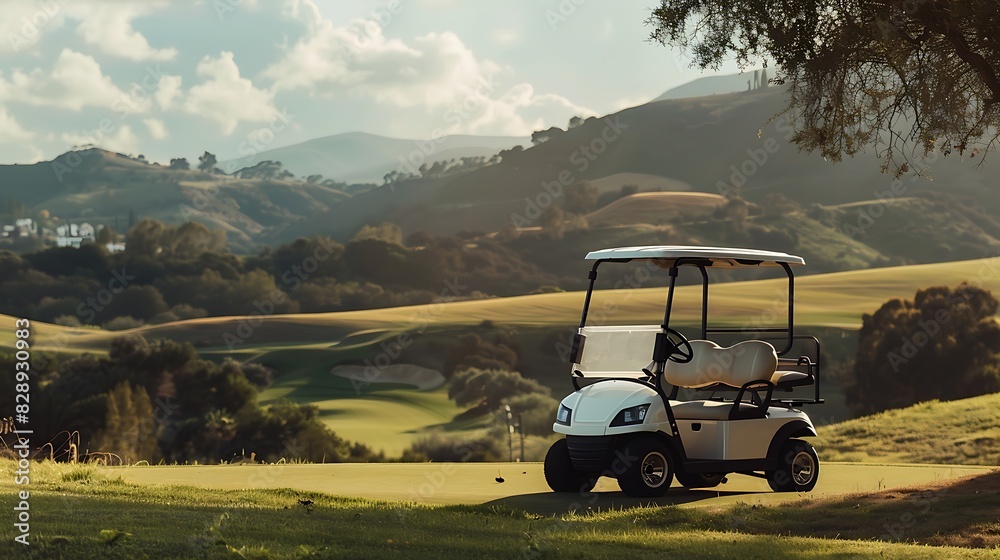 Golf cart parked beside a fairway with rolling hills in the distance.