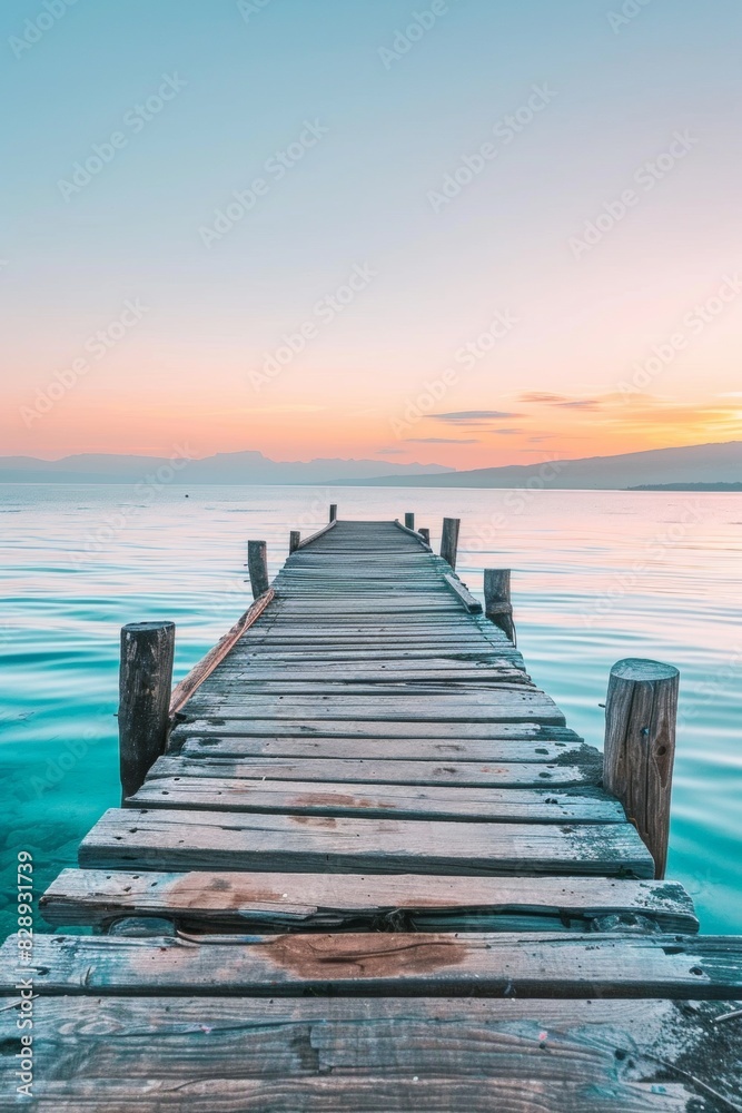 Fototapeta premium A weathered wooden pier extending into turquoise waters, disappearing into the hazy sunset
