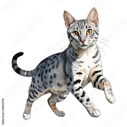 Egyptian Mau Cat Running or Jumping Hand Drawn Watercolor Painting Illustration