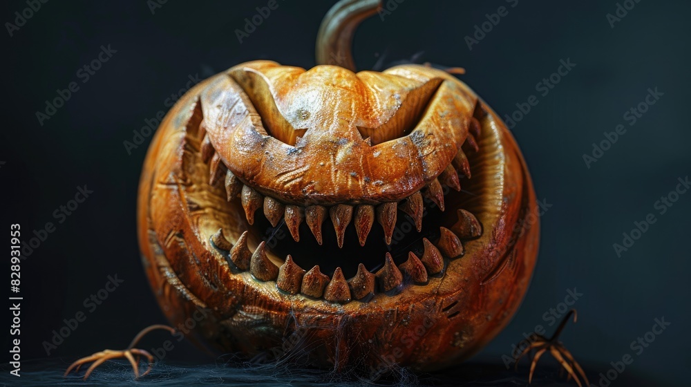 Sinister grin pumpkin for Halloween against dark backdrop Face isolated on black background Sinister grin pumpkin for Halloween against dark backdrop Face isolated on black background