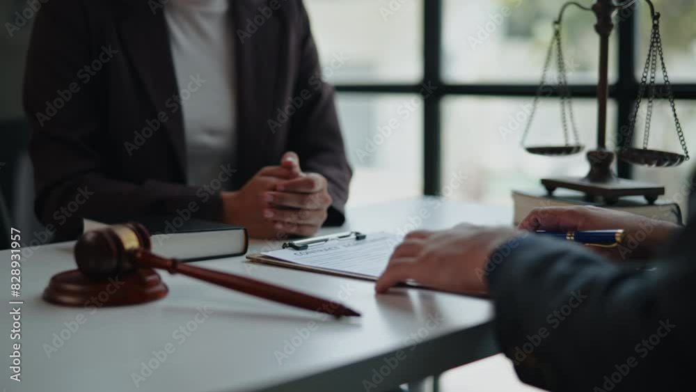 Lawyers explain and discuss matters of law and contract to clients and gavel hammer. Lawyers explain and discuss matters of law and contract to clients and gavel hammer.