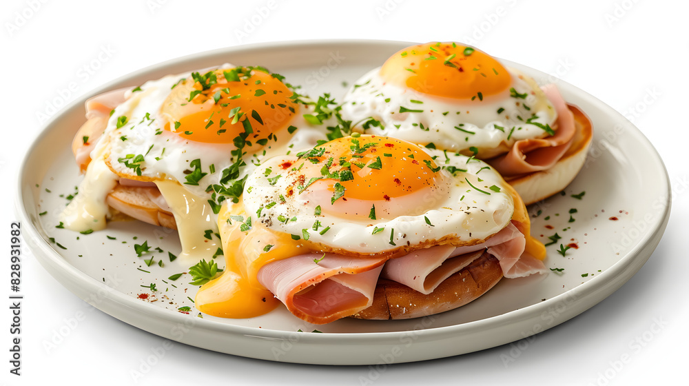 Eggs benedict with ham on a plate. delicious breakfast isolated on white background, png

