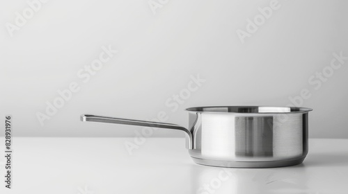 Aluminum saucepan with extended handle on a white backdrop