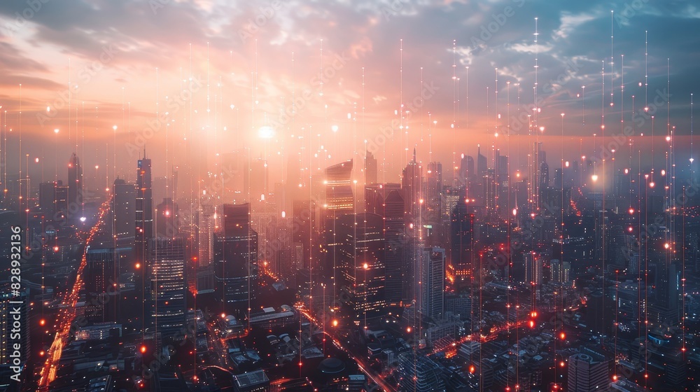 Fototapeta premium Cityscape with graphic of network concept