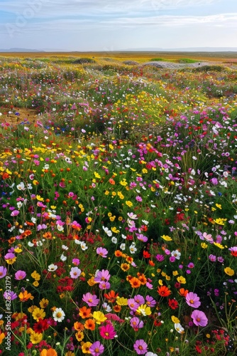 Aerial view of a vast field carpeted with colorful wildflowers, resembling a vibrant patchwork quilt