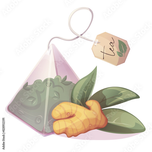 Pyramid tea bag with green loose tea with ginger. Illustration for tea shop, cafe, bar, party, tea ceremony, food concept. Vector illustration for  menu, poster, website, banner, flyer, cover