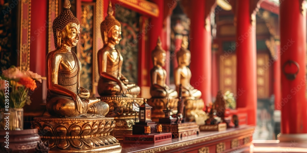 Buddha statues in a line inside a temple, presenting a spiritual and cultural atmosphere