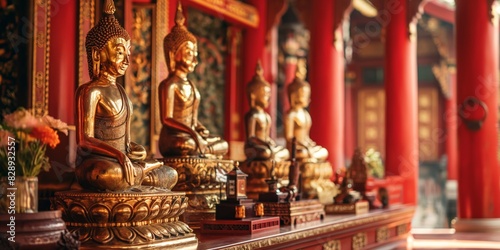 Buddha statues in a line inside a temple, presenting a spiritual and cultural atmosphere