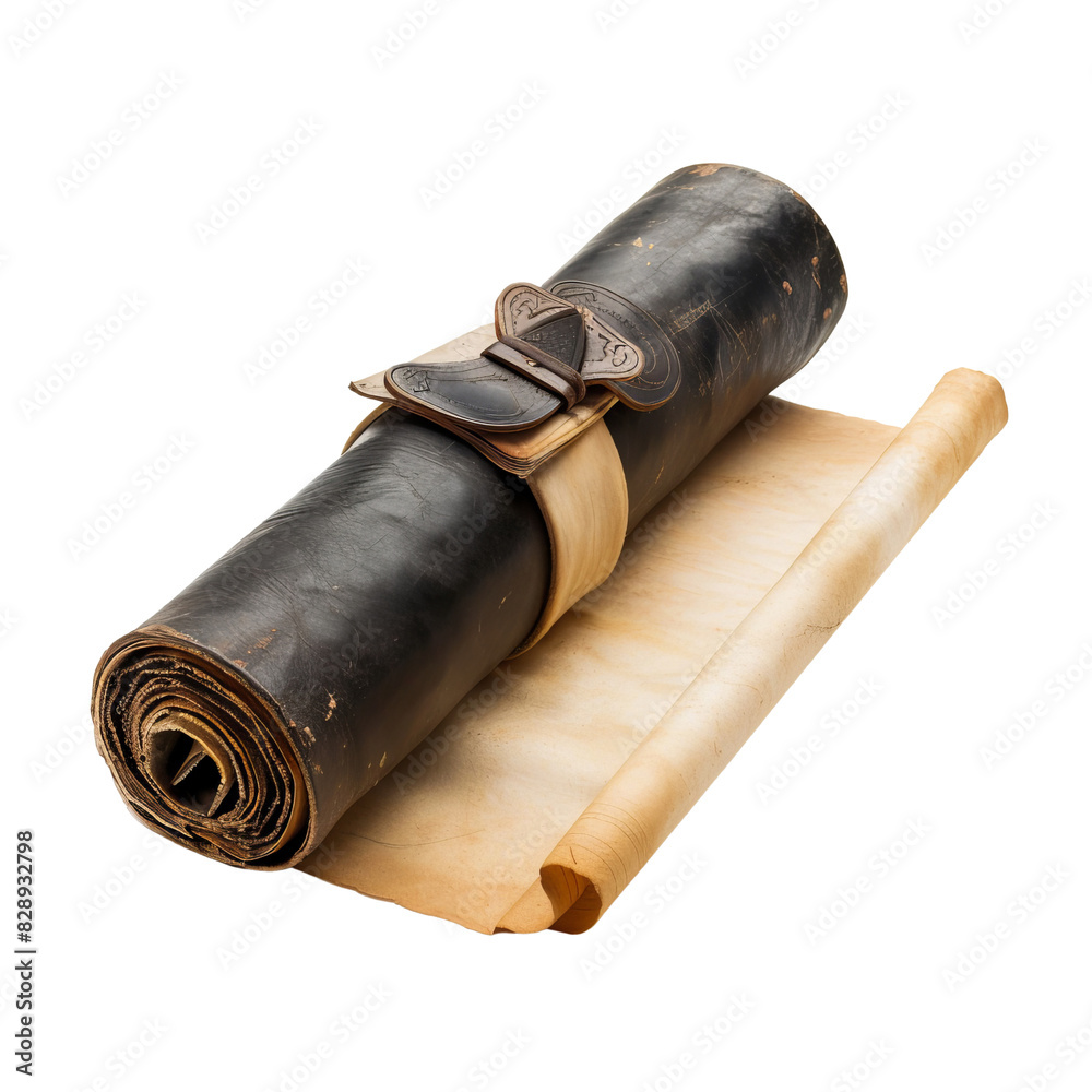 Ancient Leather Scroll Rolled and Partially Unrolled Isolated without Background Ancient Leather Scroll Rolled and Partially Unrolled Isolated without Background