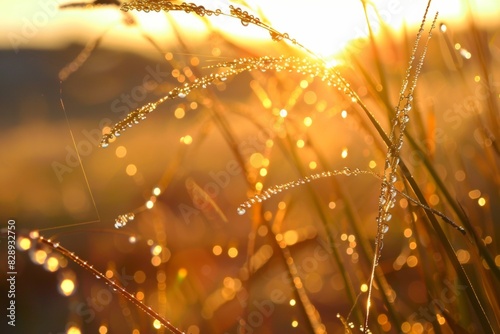 Close-up of a meadow at sunrise, showcasing long blades of grass with dew drops sparkling like tiny jewels photo